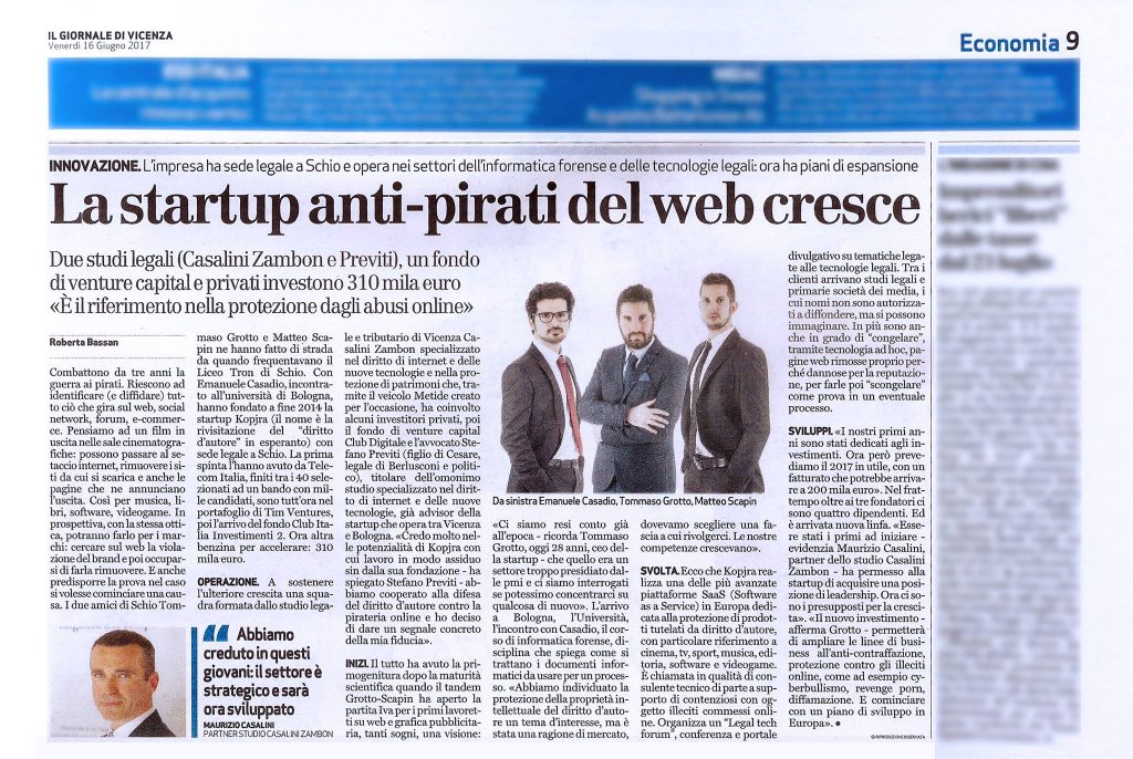 start up kopjra sul Giornale di Vicenza 16 giugno 2017